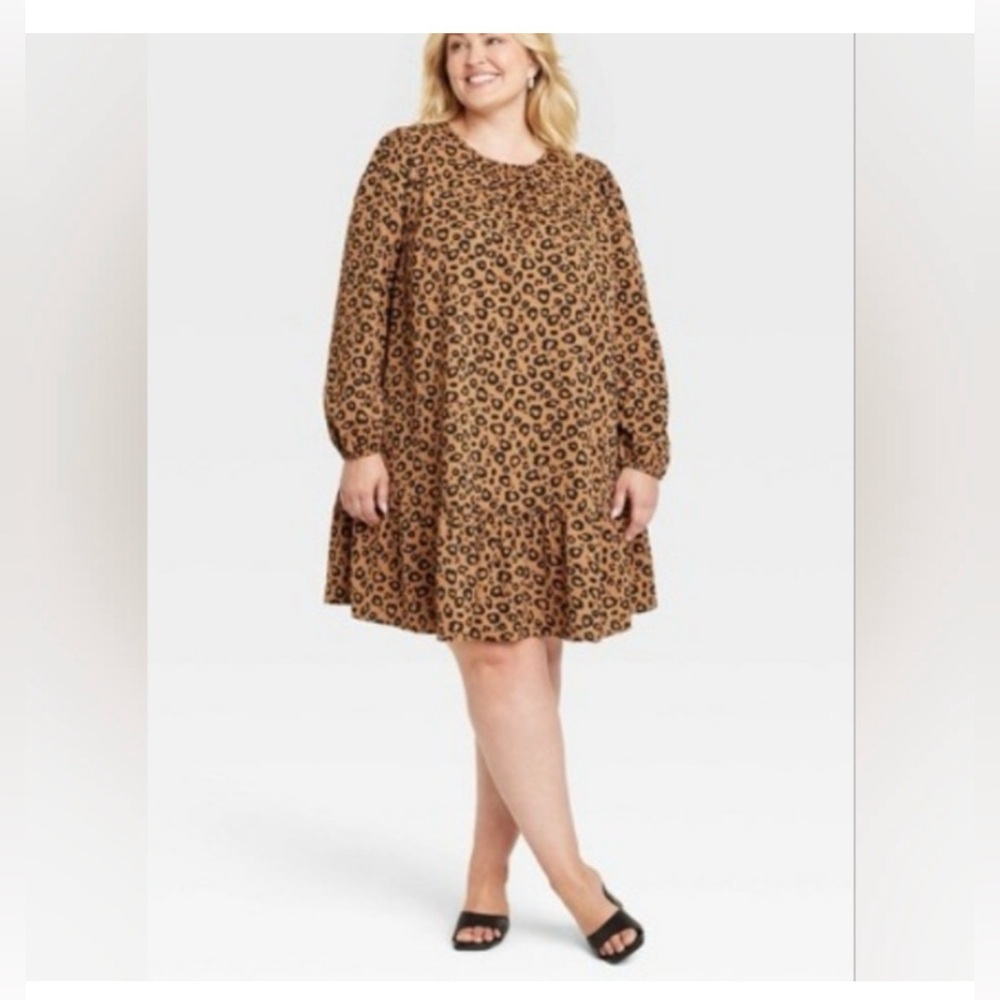 Ava & Viv Brown Black Animal Leopard Print Long Sleeve Drop Waist Dress Sz 1X